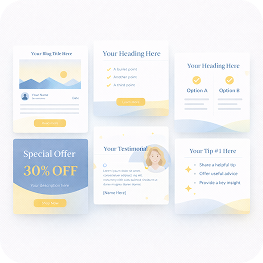 Set of six website template cards featuring blog post, heading with bullet points, dual options, special offer with 30% off, customer testimonial with photo, and tips with icons, in a light blue and yellow color scheme.