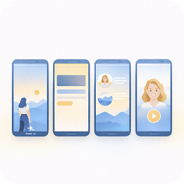 Four smartphone screens showing a person hiking, a chat interface, a profile with mountain background, and a video call with a woman.