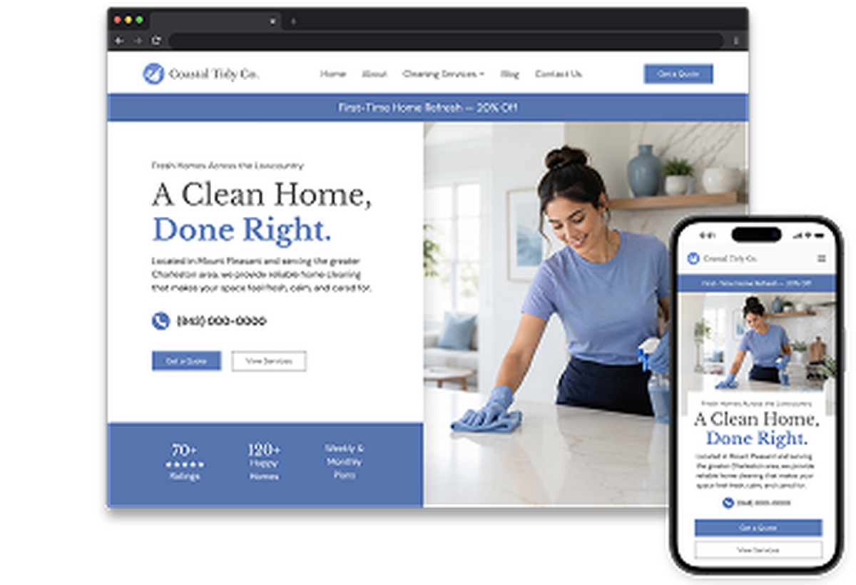 Residential cleaning service website concept with bright blue branding, a cleaner hero image, trust statistics, and mobile booking options