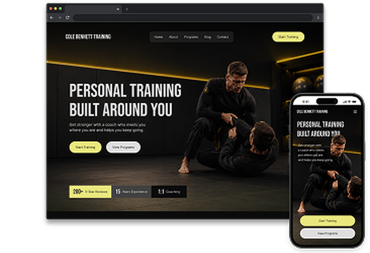 Personal trainer website concept featuring black-and-yellow branding, boxing imagery, coaching programs, and a mobile consultation layout