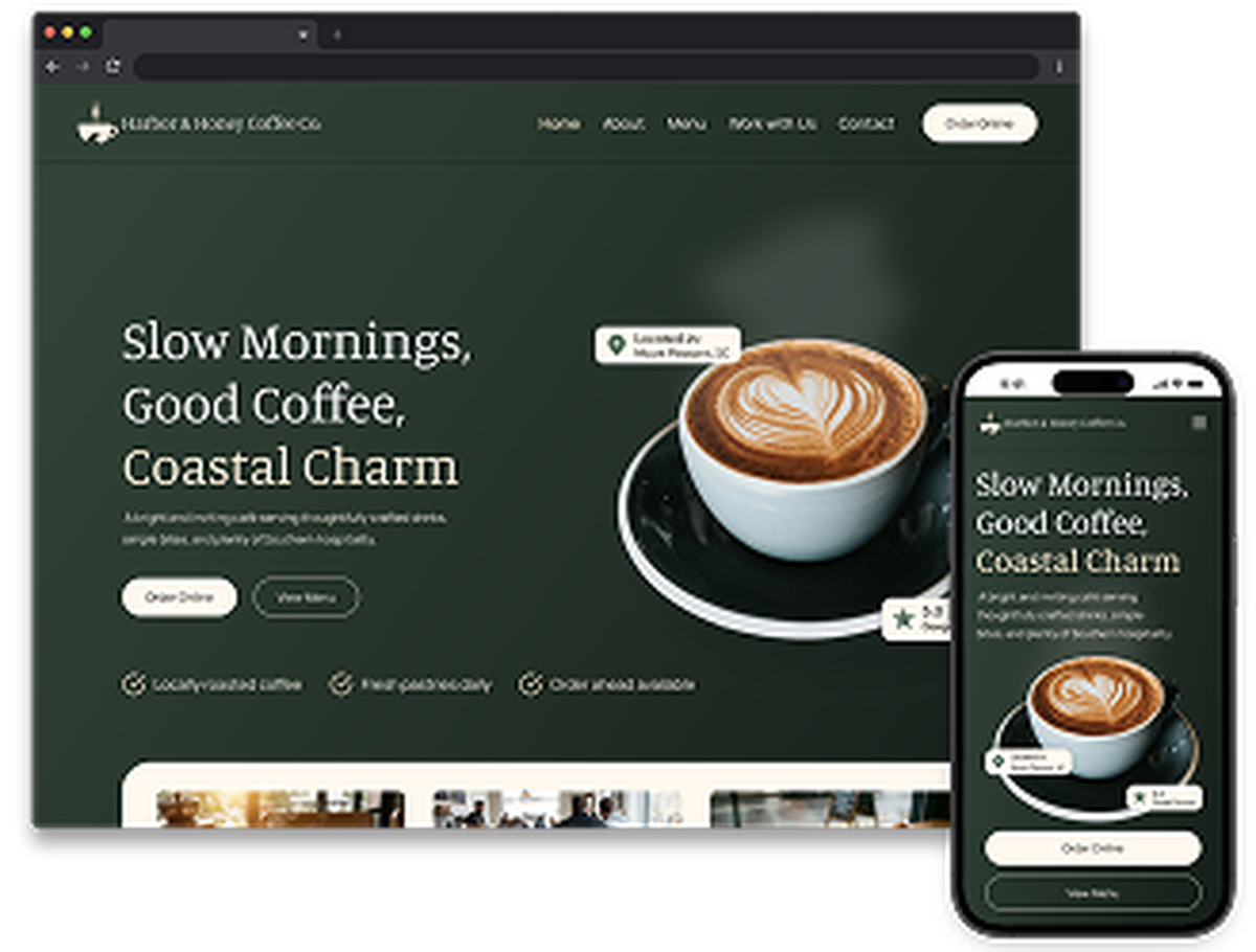 Coastal coffee shop website concept featuring dark green branding, a latte hero image, and a mobile ordering layout