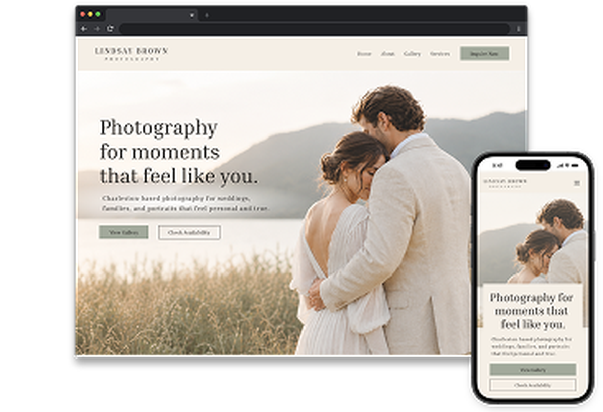 Wedding photography website concept with soft neutral styling, an outdoor couple portrait, and a mobile portfolio design