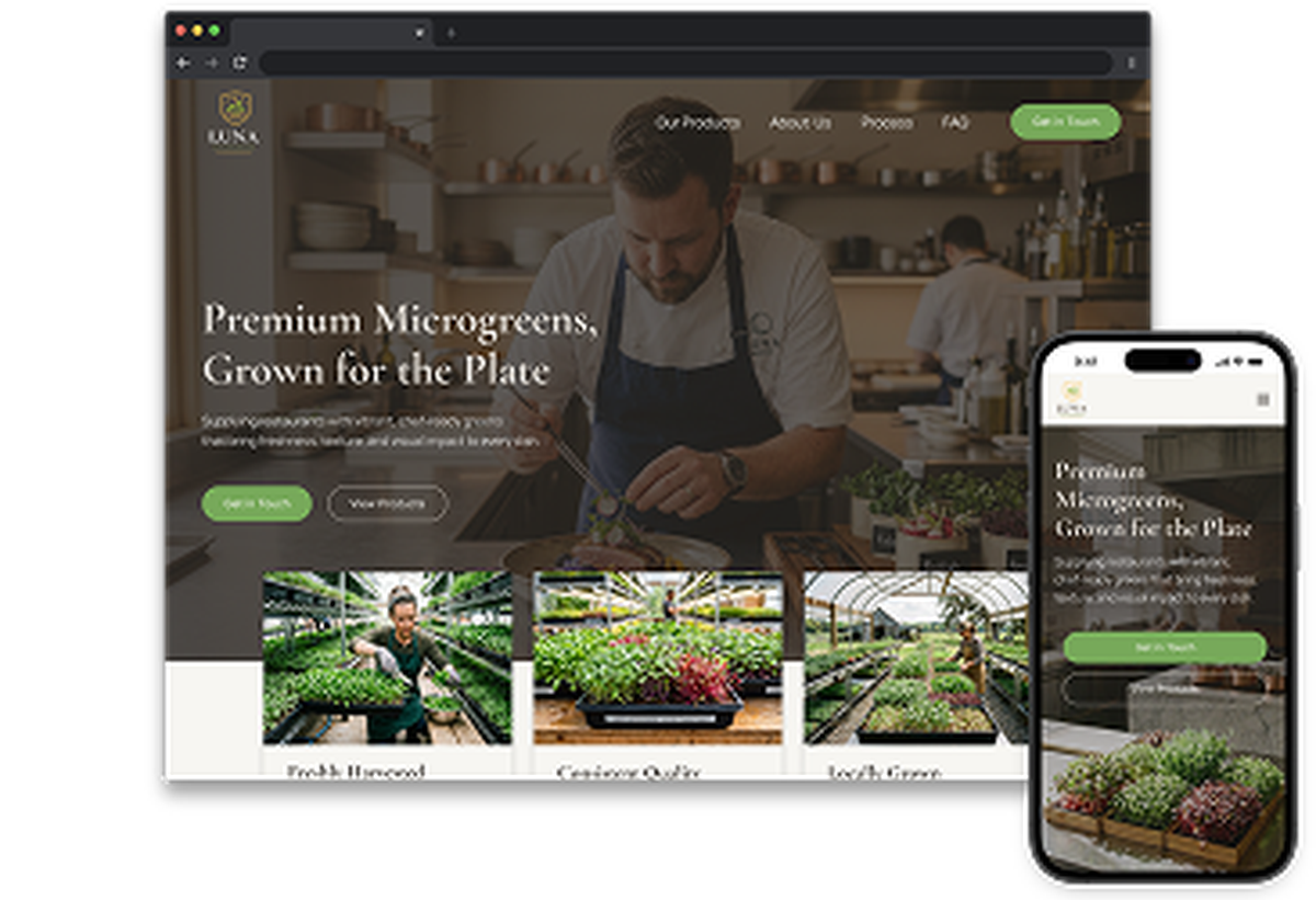 Microgreens farm website concept featuring chef-focused messaging, fresh produce photography, product categories, and a mobile shop layout