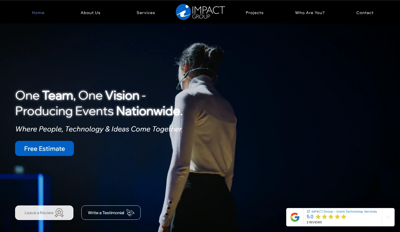 Redesigned IMPACT Group homepage promoting nationwide AV event production services