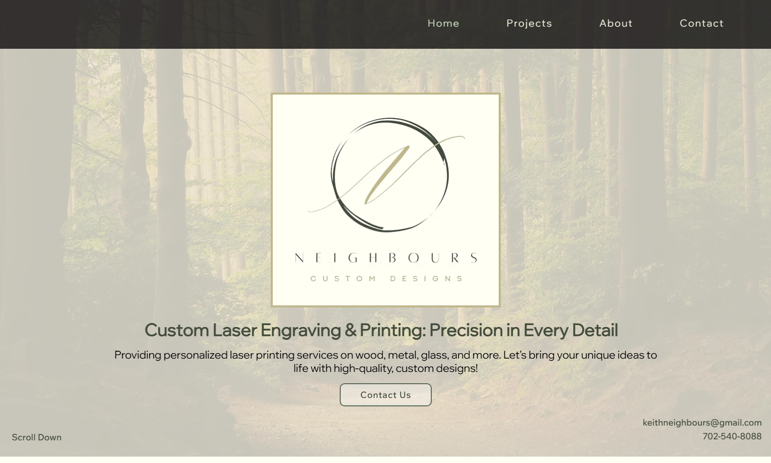 Neighbours Custom Designs homepage for a Charleston laser engraving and custom printing business