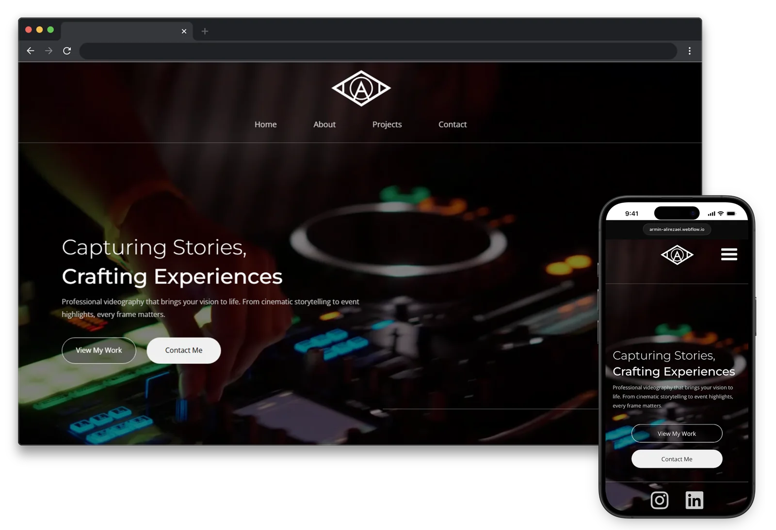 Desktop and mobile views of the AAAVISIONS cinematic videography portfolio homepage
