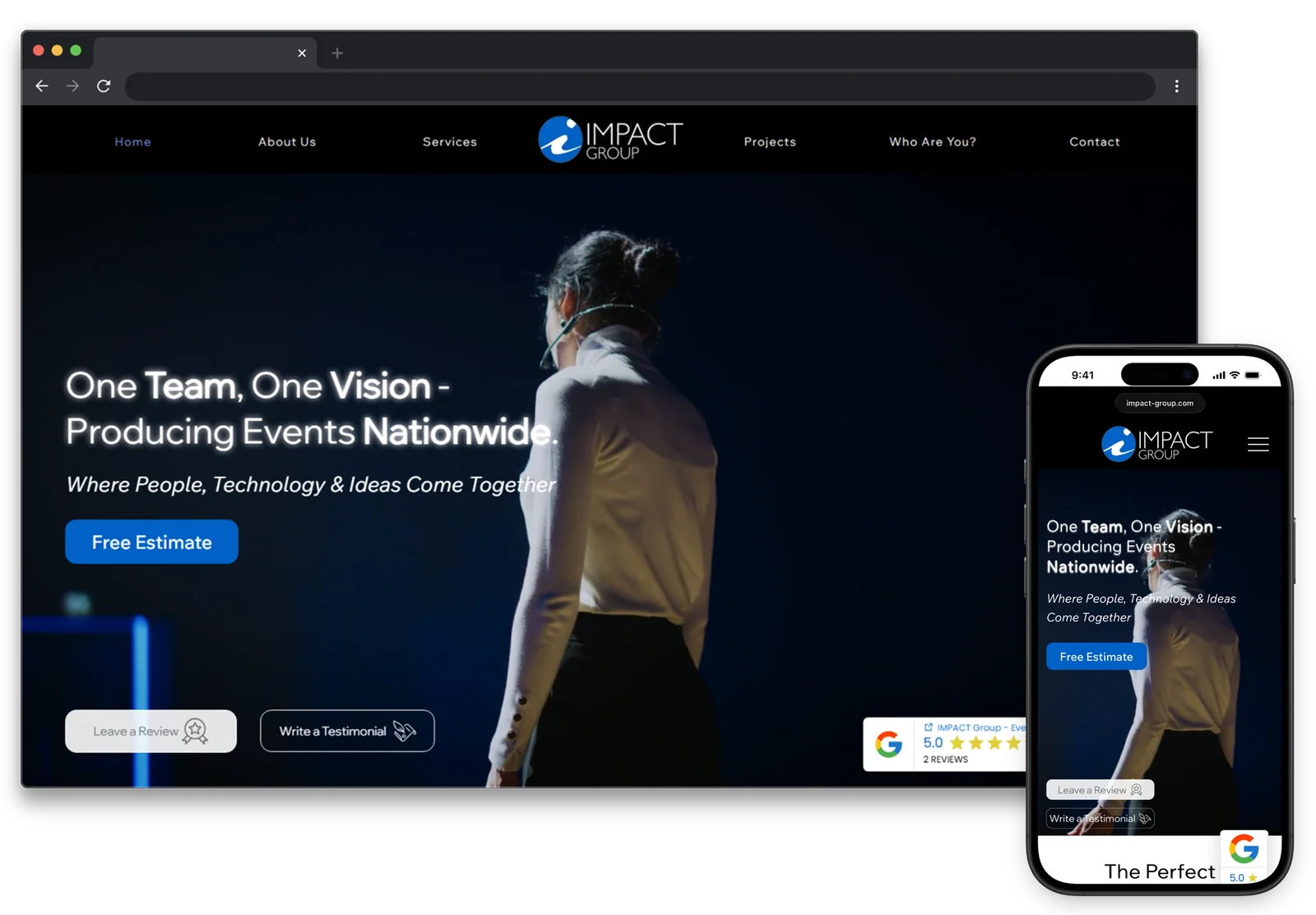 Responsive IMPACT Group AV event technology website redesign displayed on desktop and mobile