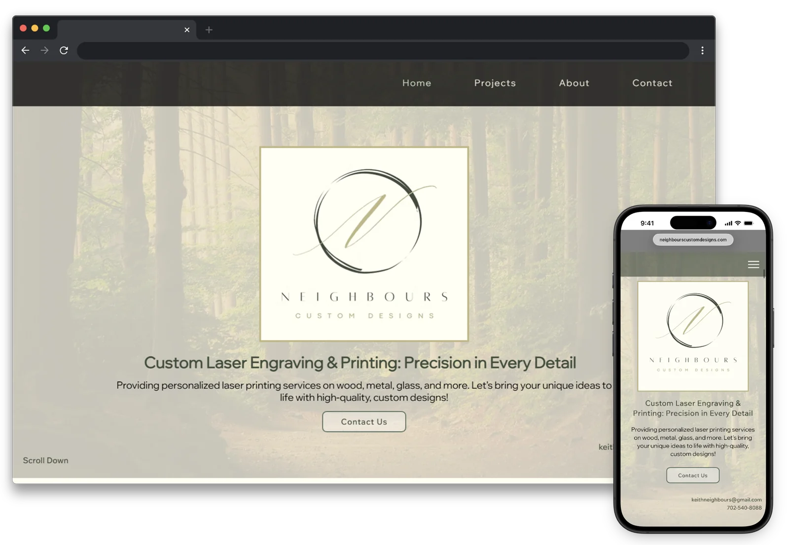 Responsive Neighbours Custom Designs website shown on desktop and mobile for a Charleston laser engraving and custom printing business