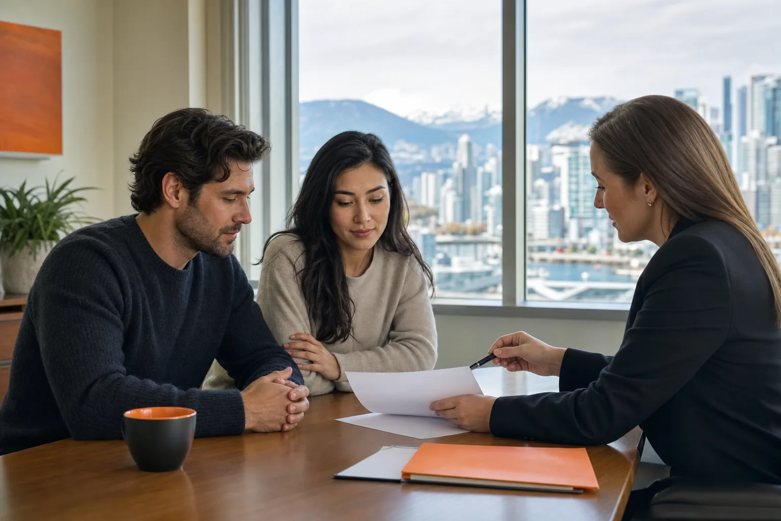 Vancouver couple discussing a prenuptial agreement with a family lawyer.