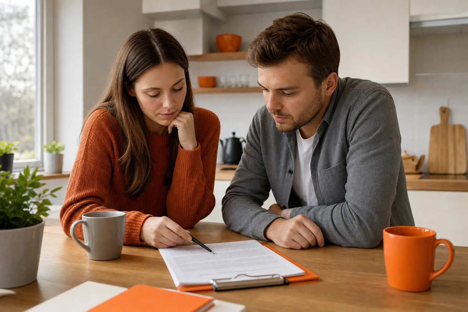 Couple reviewing a prenuptial agreement draft together at home.