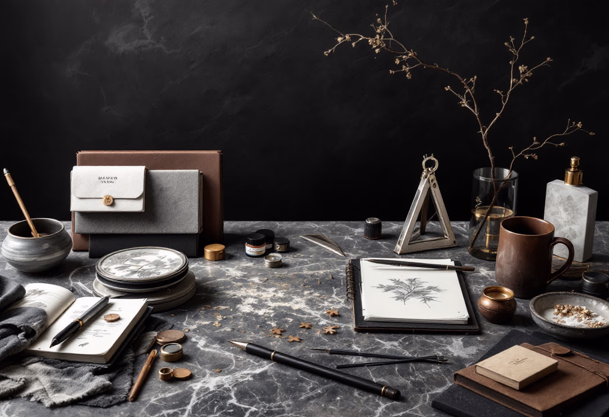 [background image] image of art supplies on a desk (for a graphic design studio)