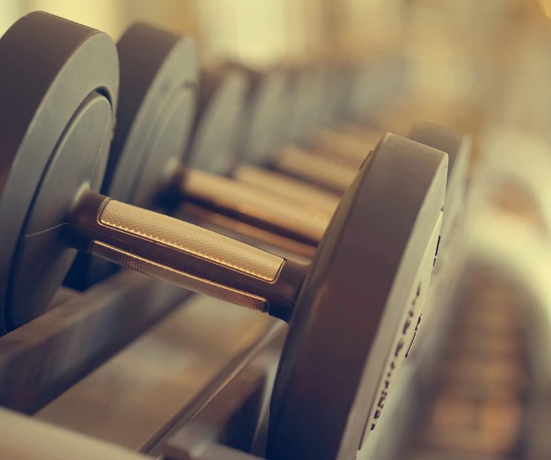 Close-up of black rubber-coated dumbbells on a gym rack at the West Main resident fitness center.