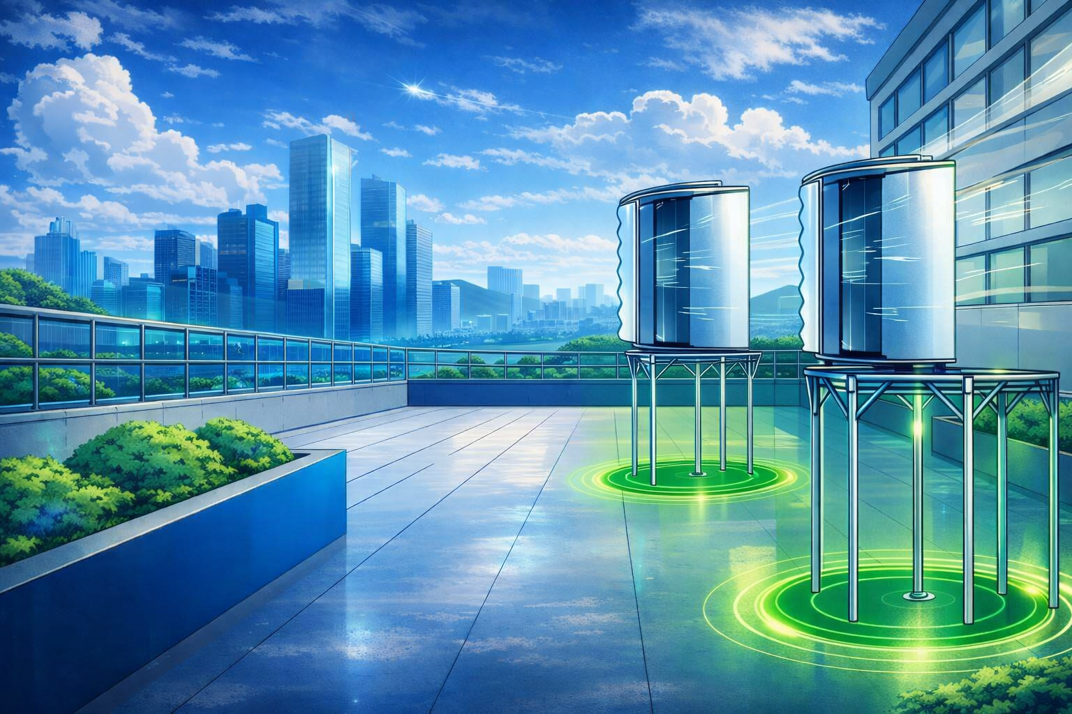 Illustration of two WWIE Jet Engine Turbines on a roof with glowing green energy