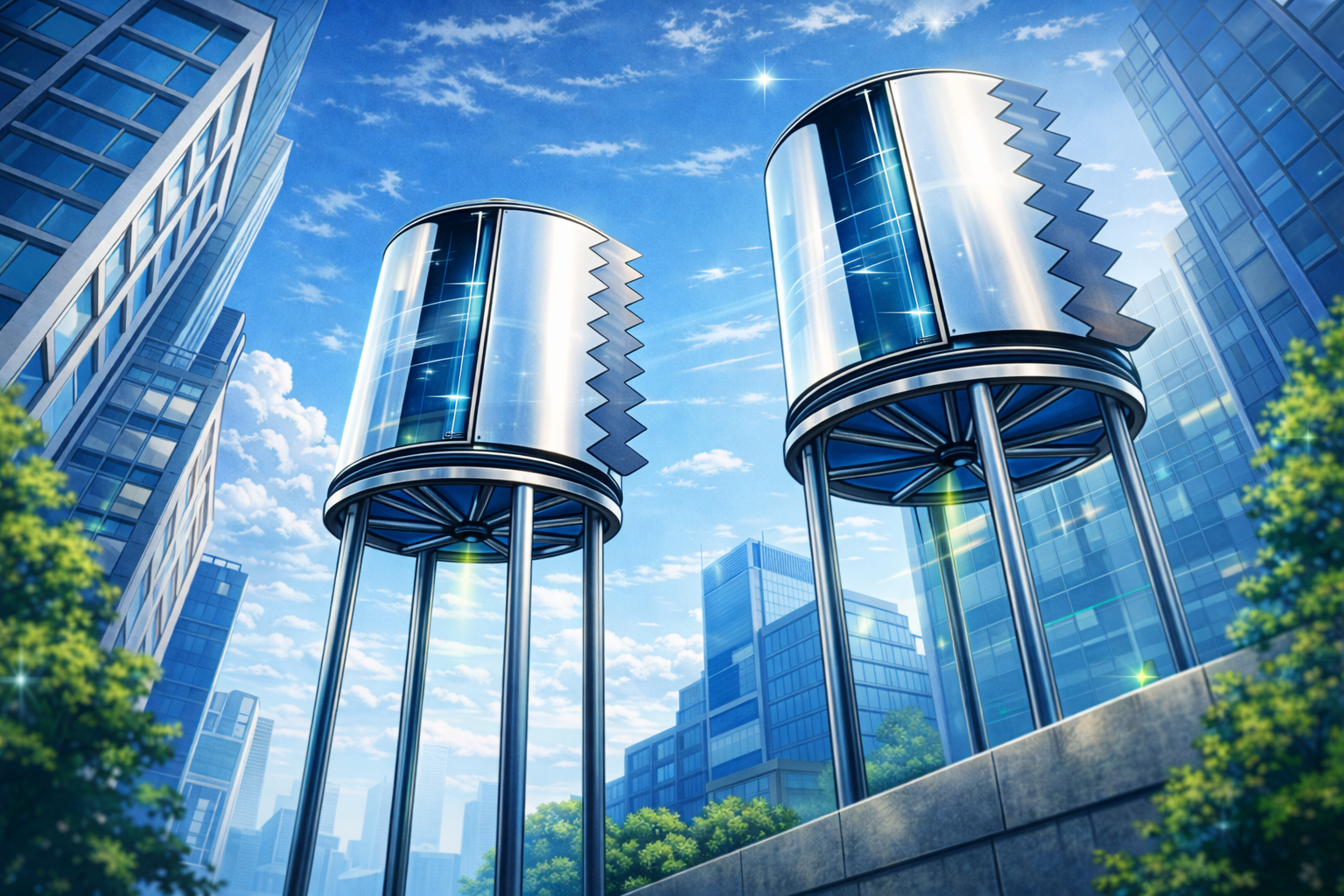 Image from below of 2 WWIE Wind Turbines