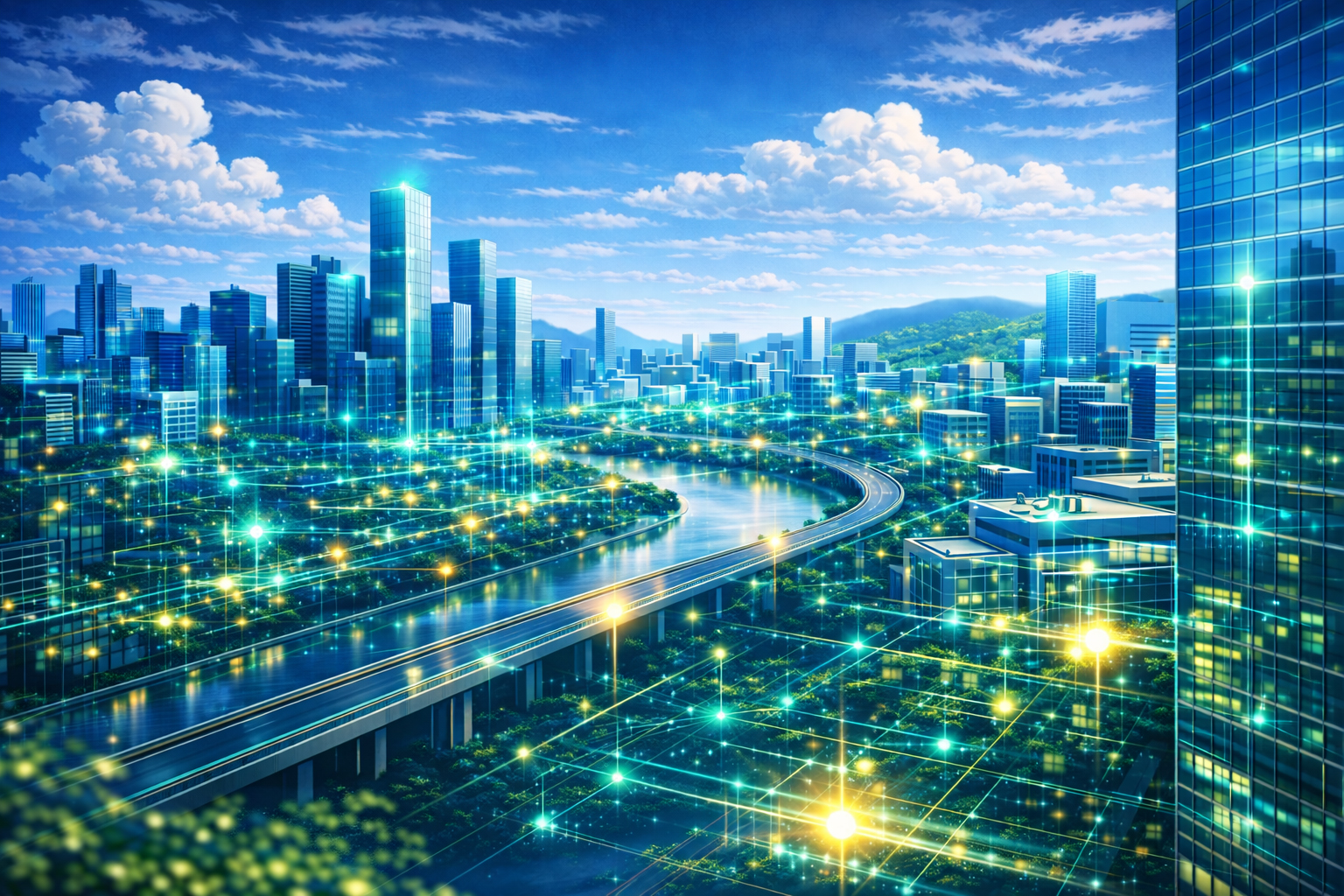 Illustration of not far off future with green energy lines glowing and connecting buildings.