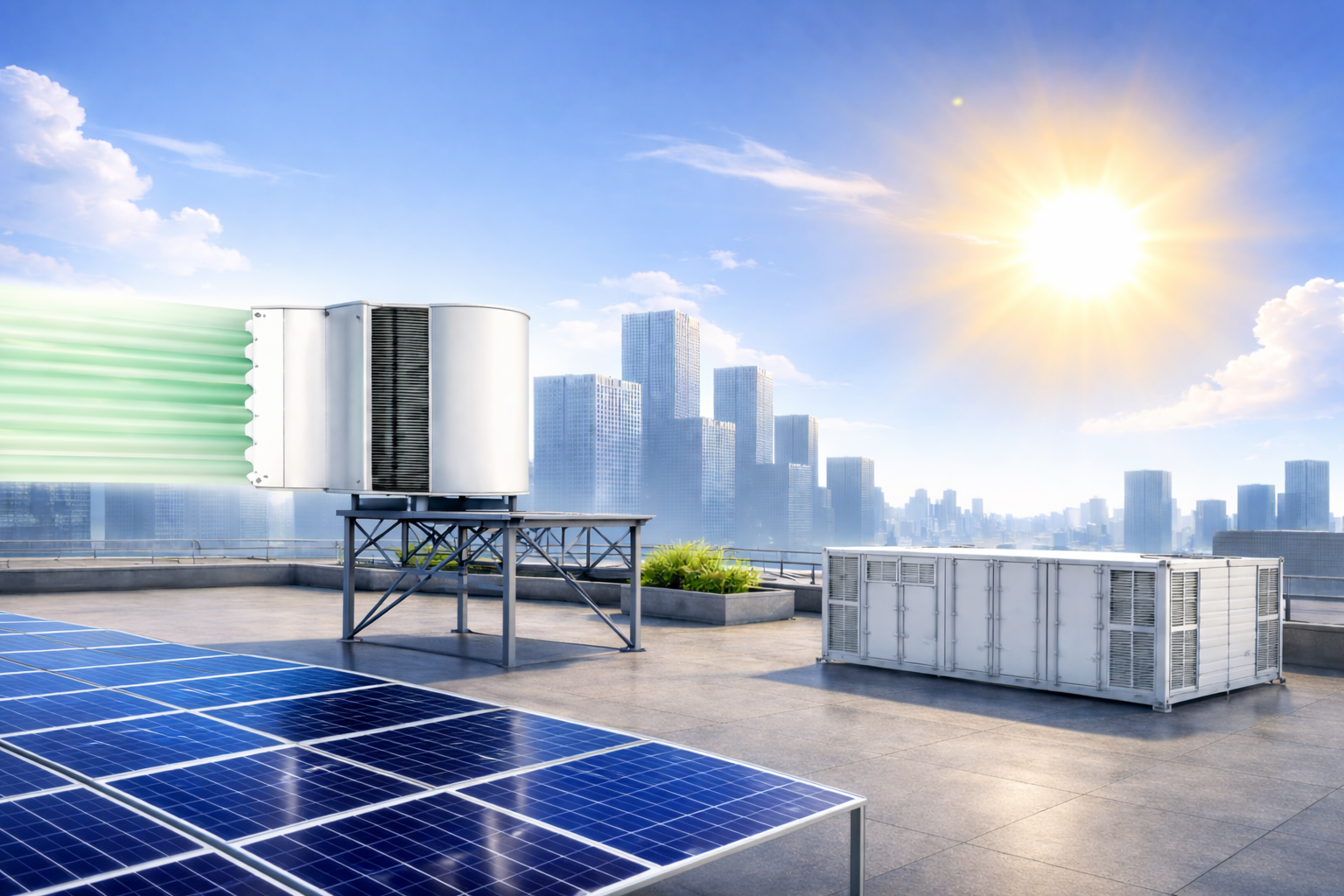 Rooftop featuring WWIE turbine, solar panels and batteries glowing on a sunny day