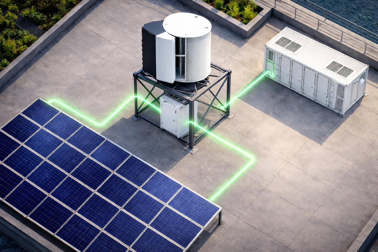 WWIE ecosystem of turbine, solar panels, and battery connected on rooftop