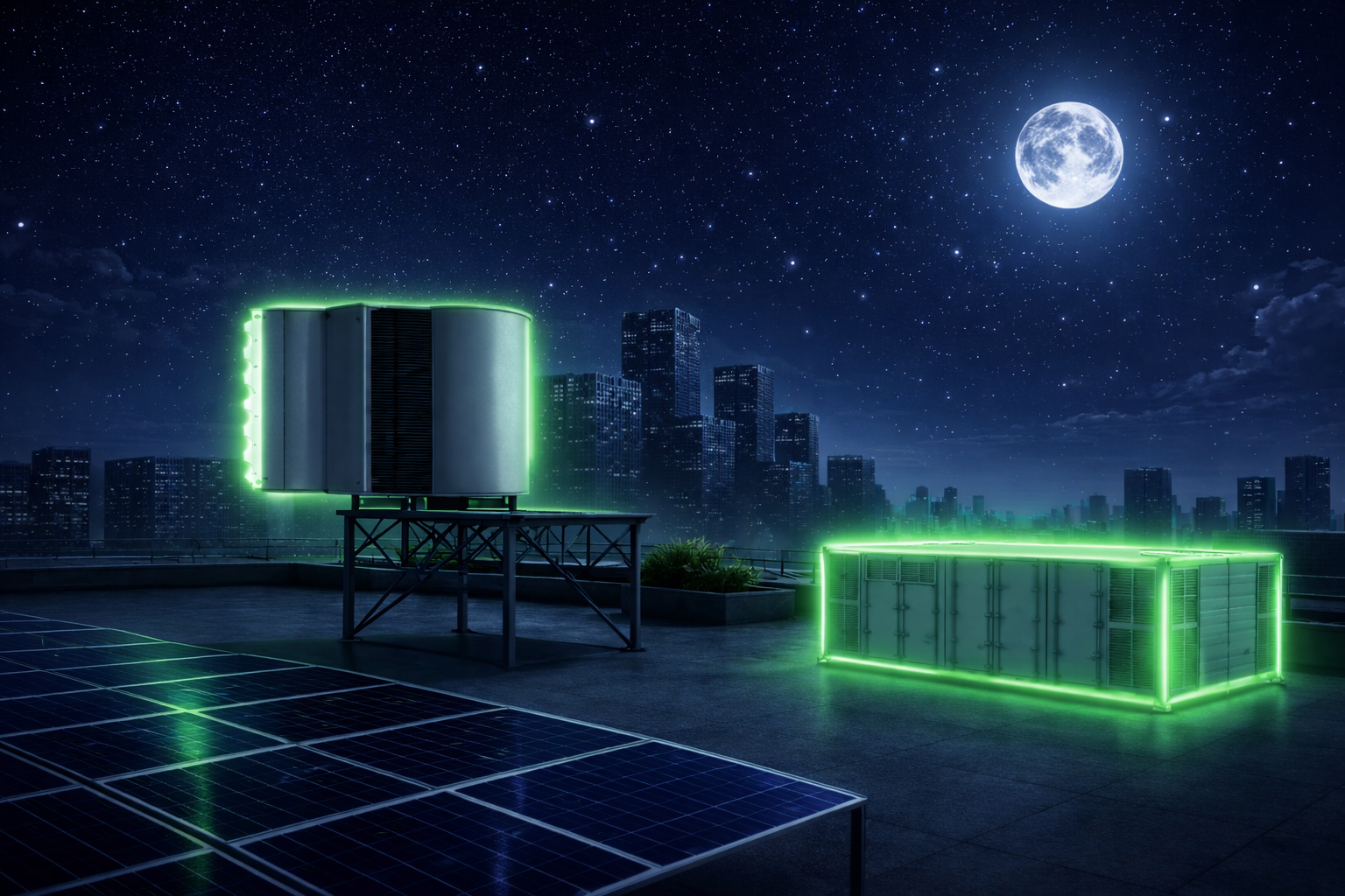 WWIE turbine on roof at night a glowing battery unit representing the battery working when there is no wind or sun