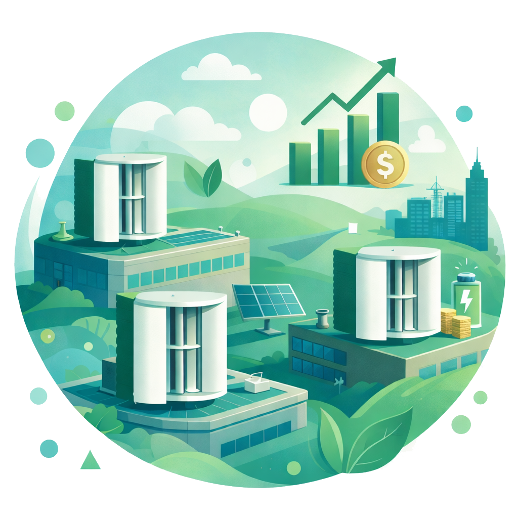 Info graphic of investment potential in green energy- 3 wwie turbine, and bar graph showing growth
