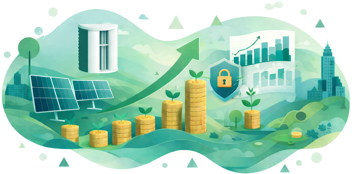 Info graphic of investment potential in green energy- solar panels, wwie turbine, and stacks of coins growing to represent profit