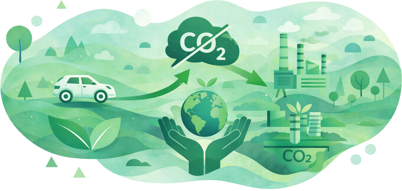 Infographic of green energy ecosystem- CO2 crossed out, factories, green hands holding the earth