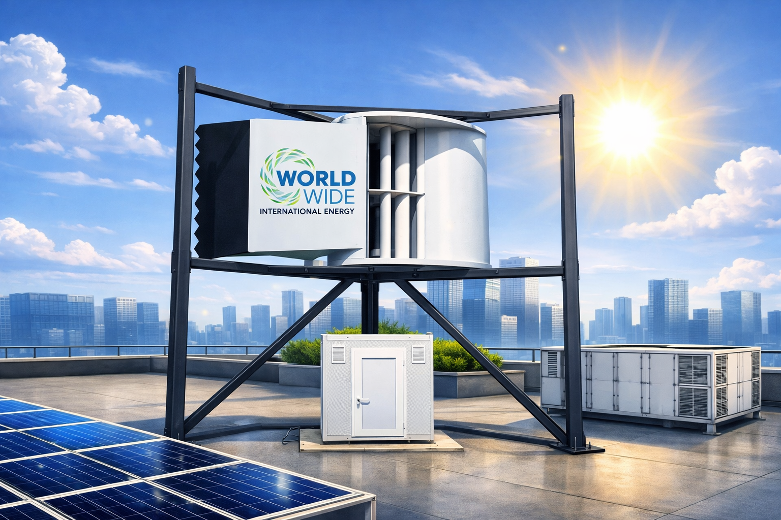 Image of WWIE Wind Turbine on rooftop on sunny day