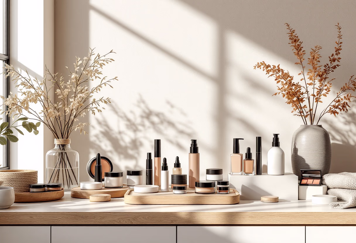 [background image] of organized makeup products (for a beauty product)