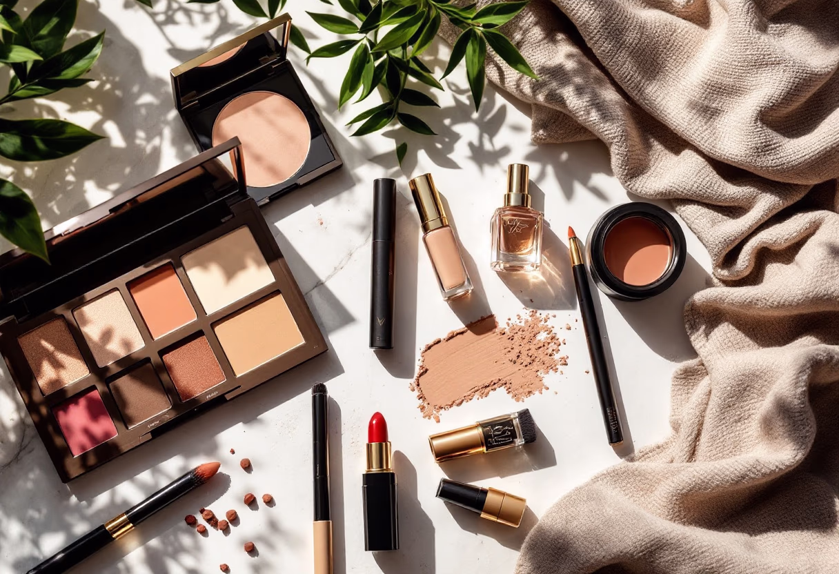 [background image] of organized makeup products (for a beauty product)