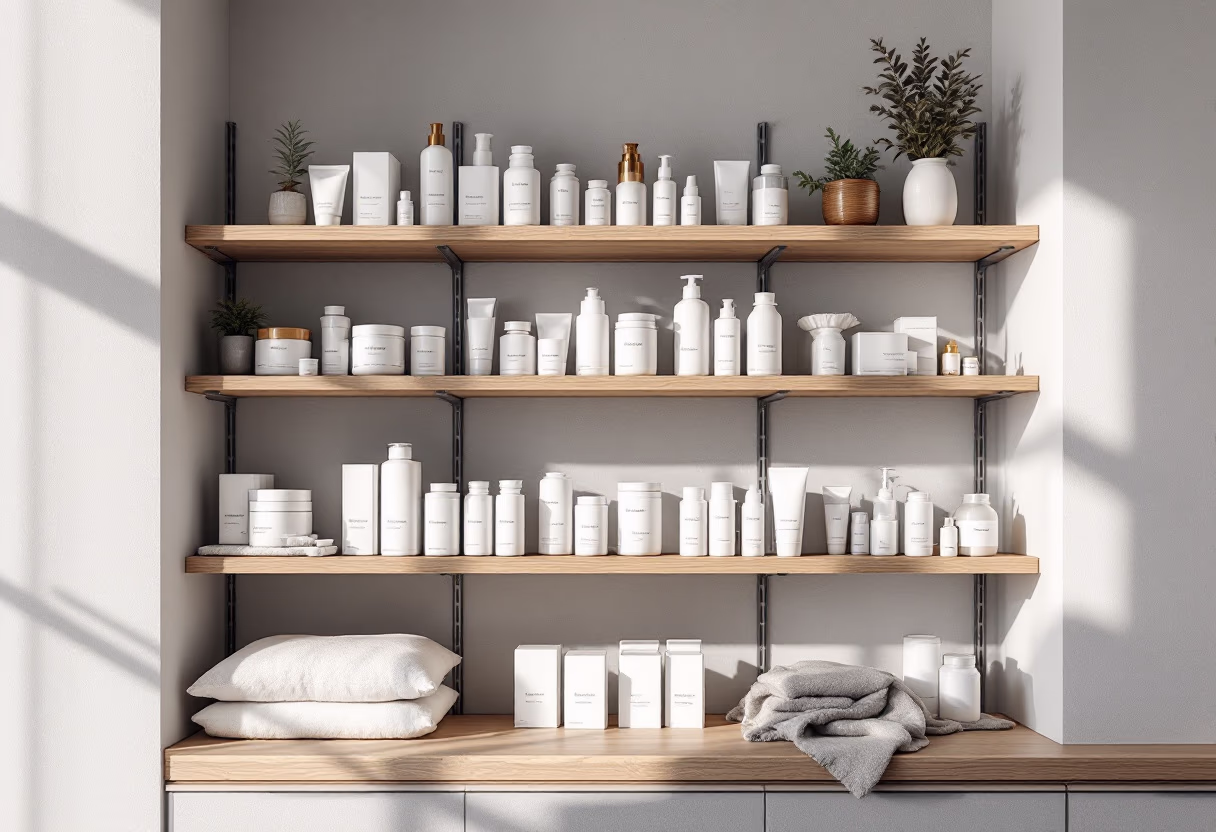 [background image] variety of pharmaceutical products on display (for a pharmacy)