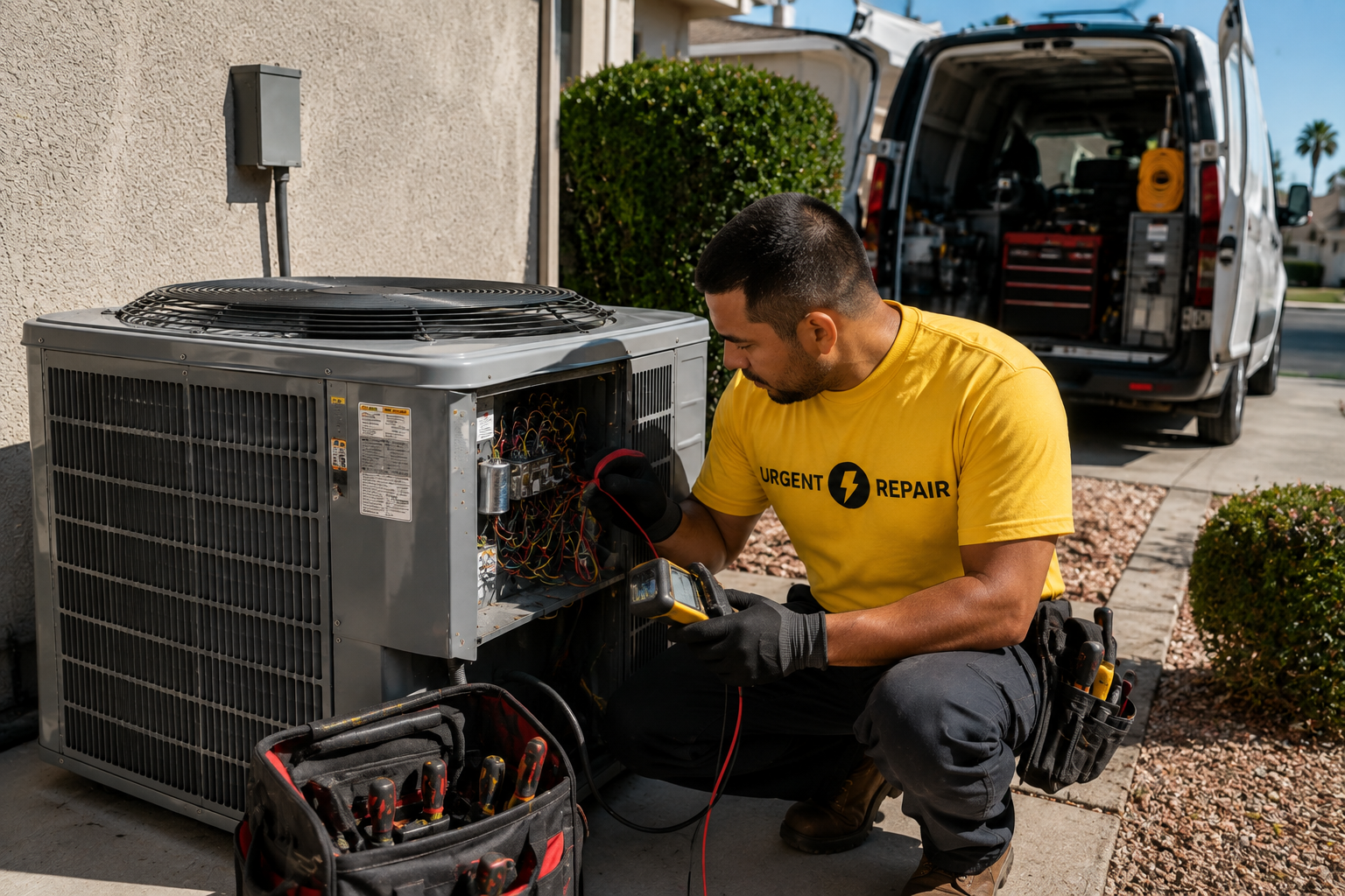 Technician in yellow shirt repairs outdoor air conditioning unit with tools and van behind him.