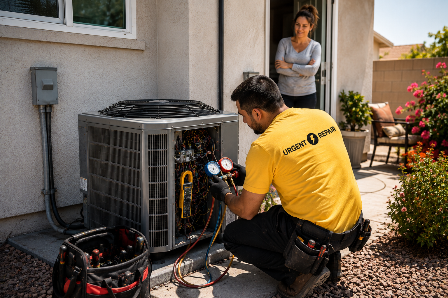 Technician in yellow shirt repairing an outdoor air conditioning unit while a woman watches from a patio door.