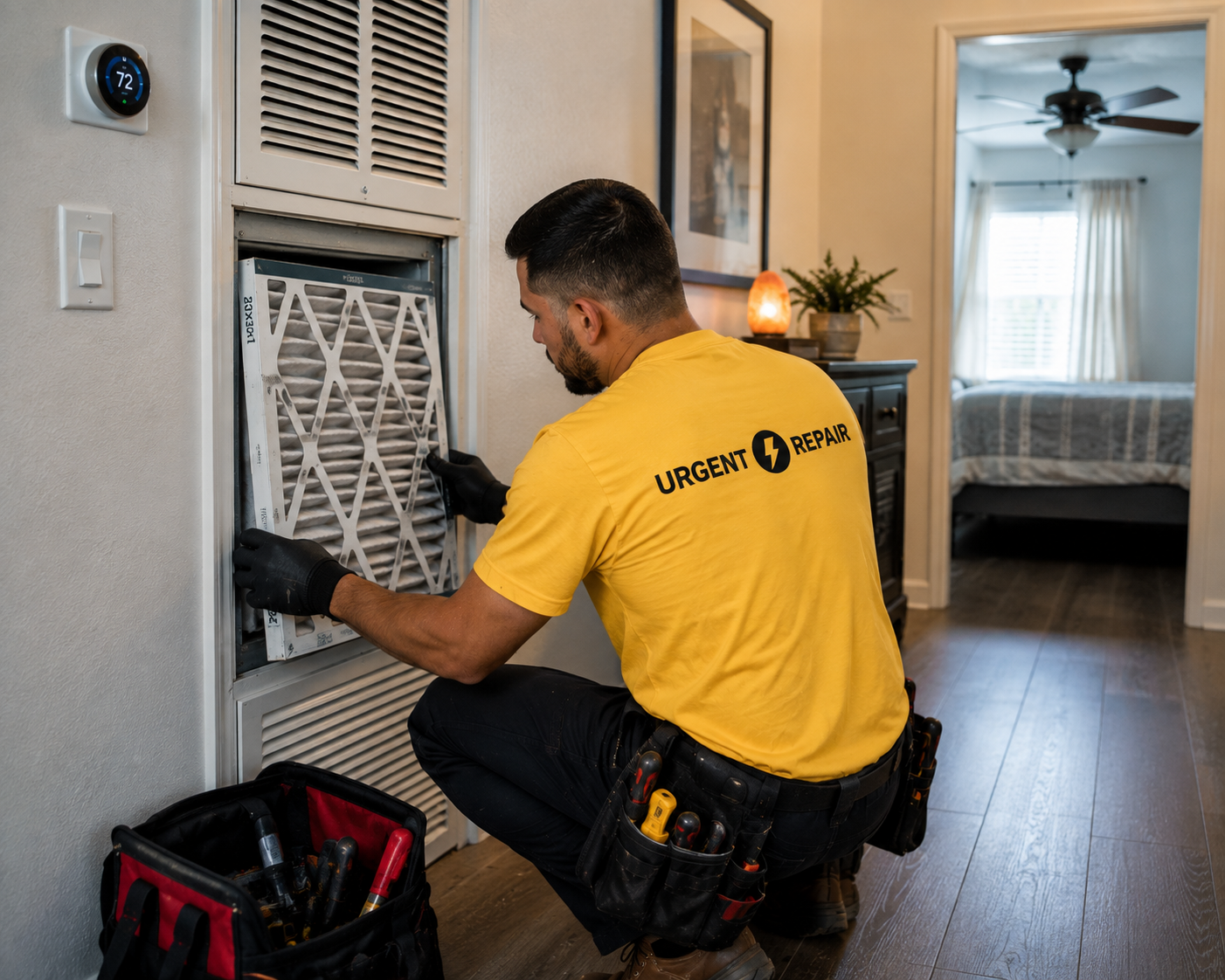 Technician wearing yellow shirt labeled Urgent Repair installs a filter in a home HVAC system.