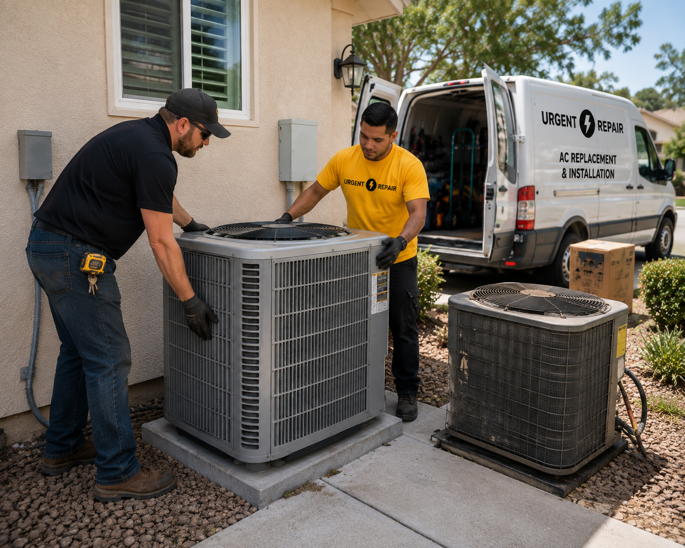 Technicians installing new air conditioning unit outside a house beside an old unit and service van.