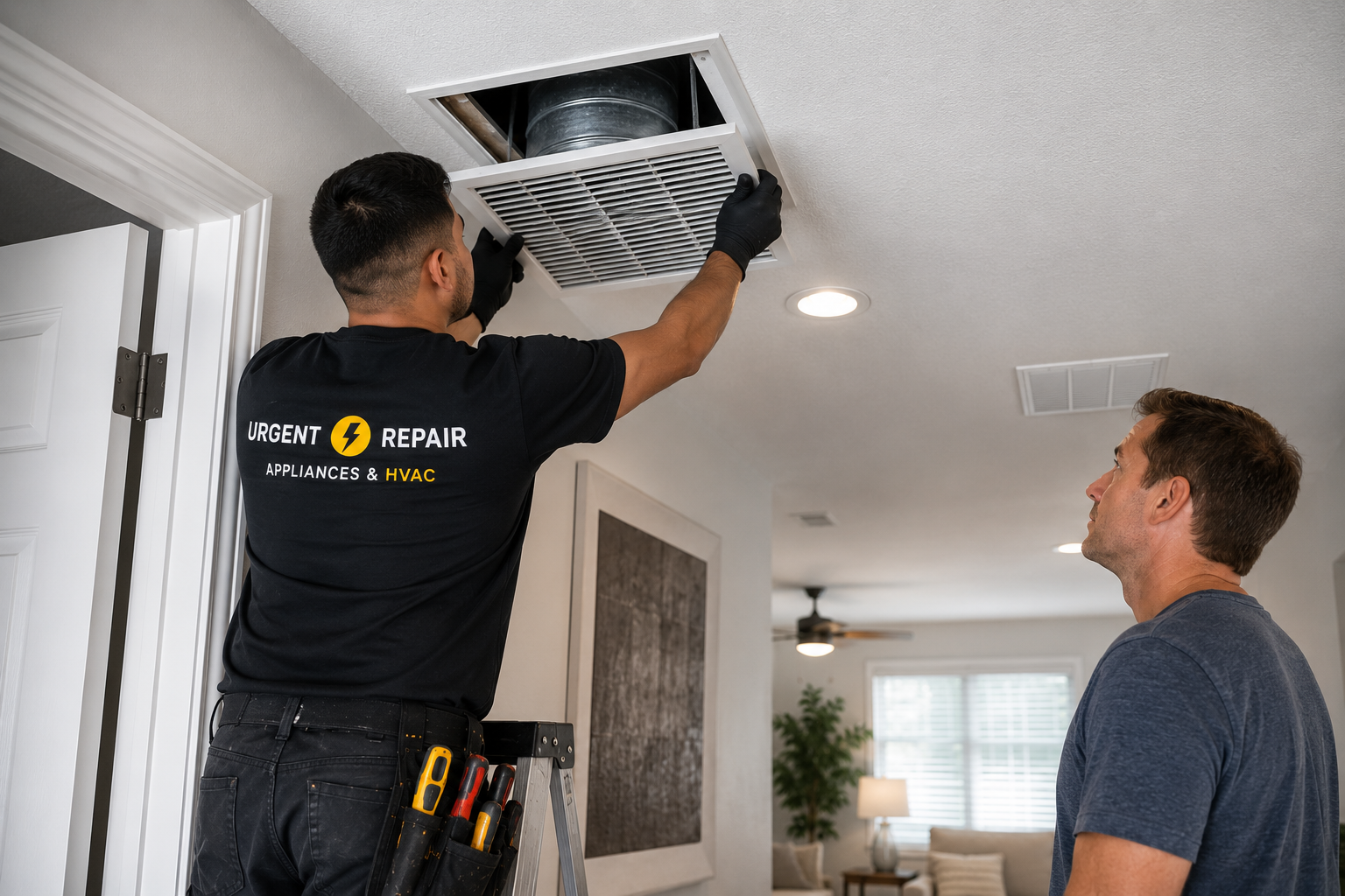 Technician on ladder repairing home ventilation vent as man watches in living room.