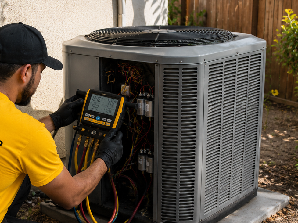Technician in black cap and gloves using diagnostic gauge on outdoor air conditioning unit.