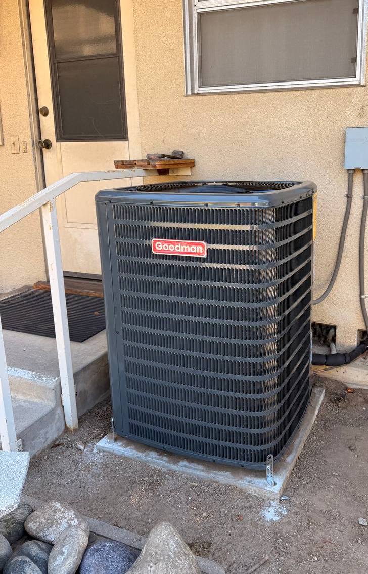 Outdoor Goodman air conditioning unit installed on a concrete slab beside a house door.