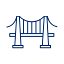 Simplified blue icon of a suspension bridge with two towers and curved cables.