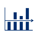 Blue bar chart with five bars of varying heights and an arrow pointing right at the end of the horizontal axis.
