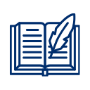 Open book with a quill pen resting on its pages, icon in blue outline style.