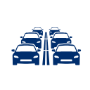 Icon of six blue cars arranged in two rows with a vertical arrow between them.