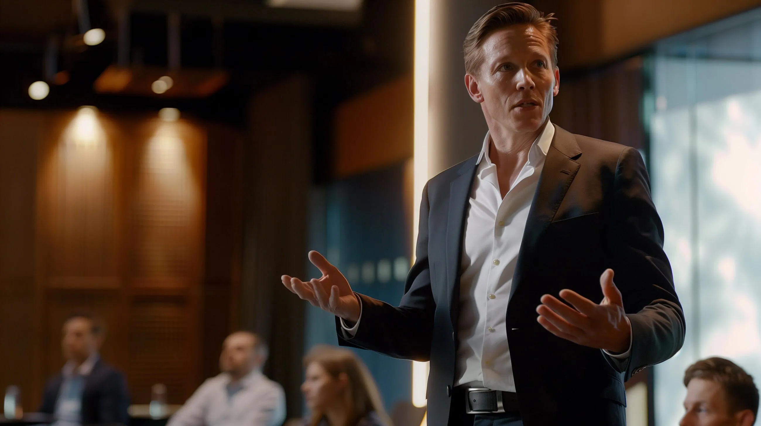 A man in a suit standing in front of a group of people.