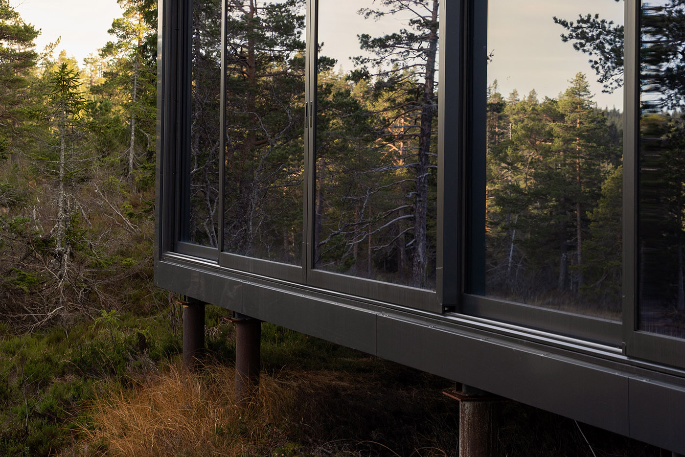 Omgi hytte står på fundament med påler i skogdekt landskap