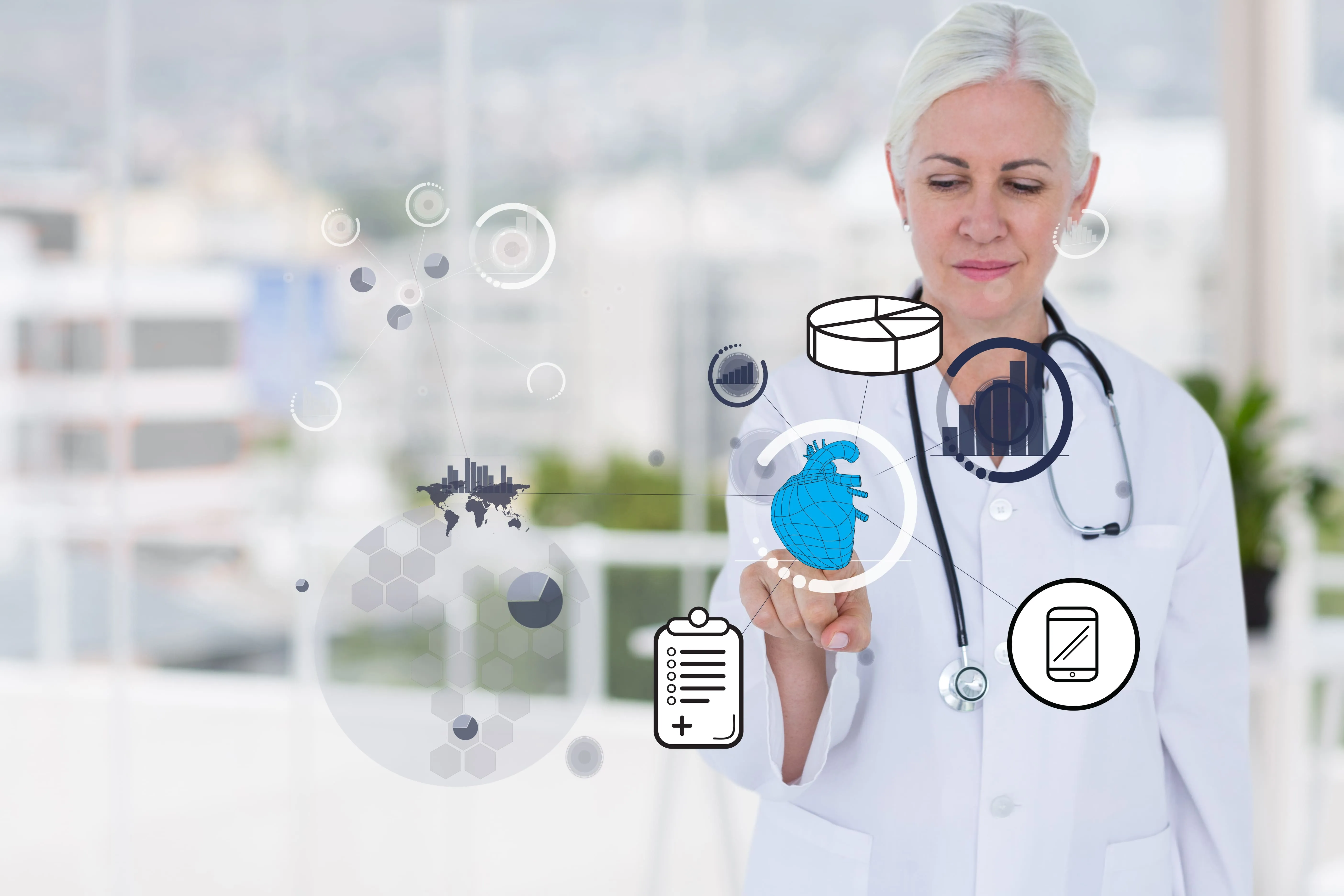 Clinician surrounded by digital health icons
