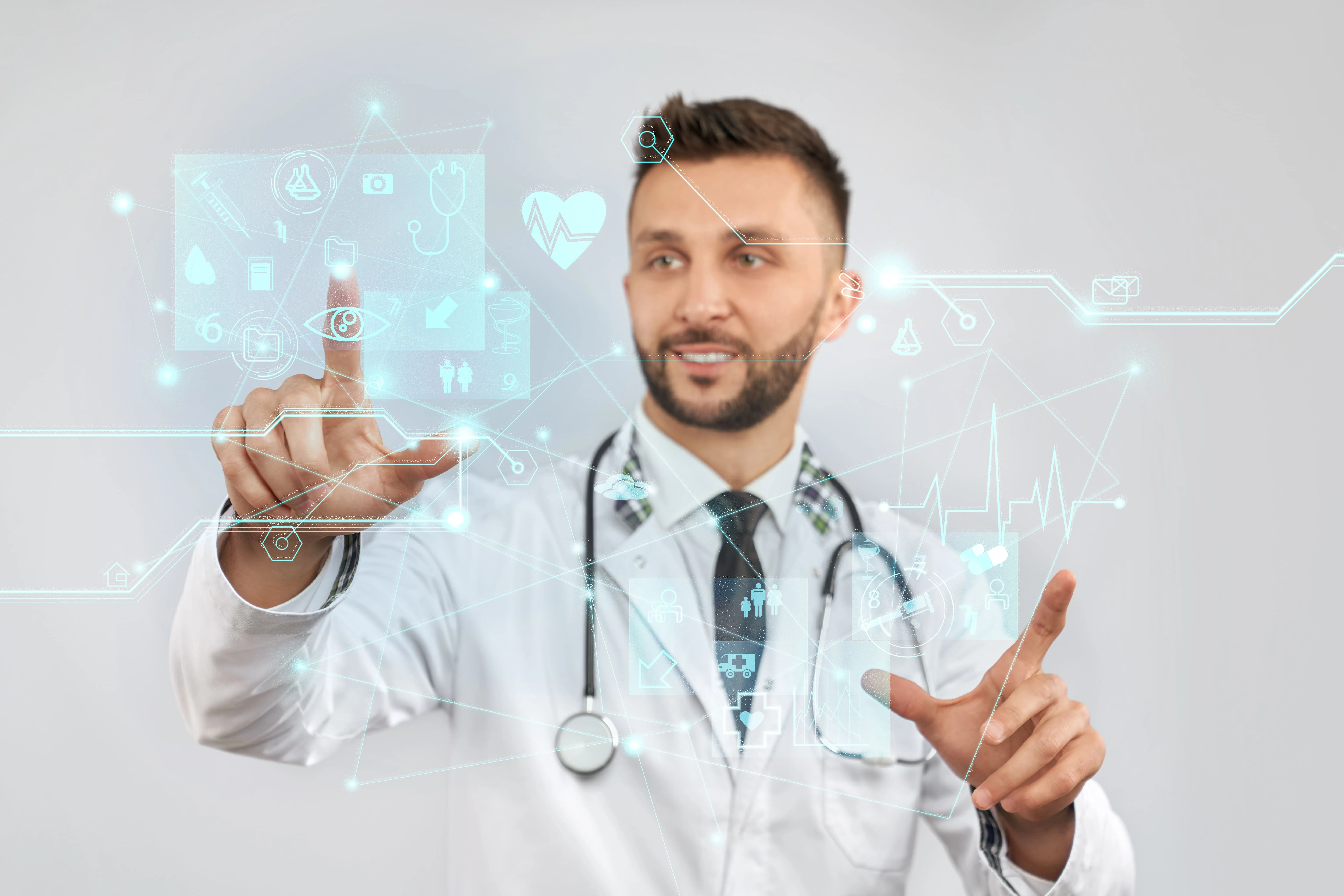 Doctor with a digital health data overlay