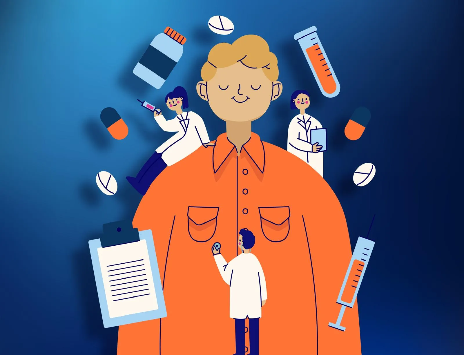 Illustration of a patient surrounded by medication and care icons