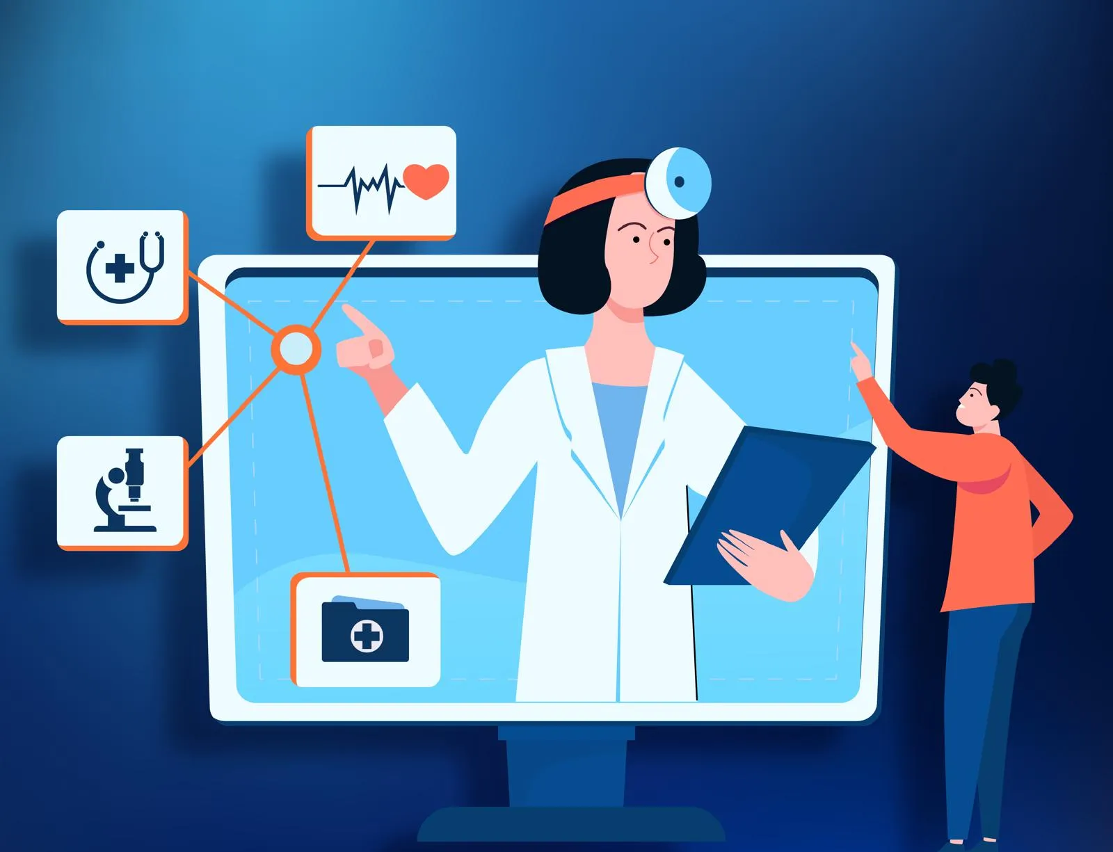 Illustration of a clinician delivering patient education on a video call