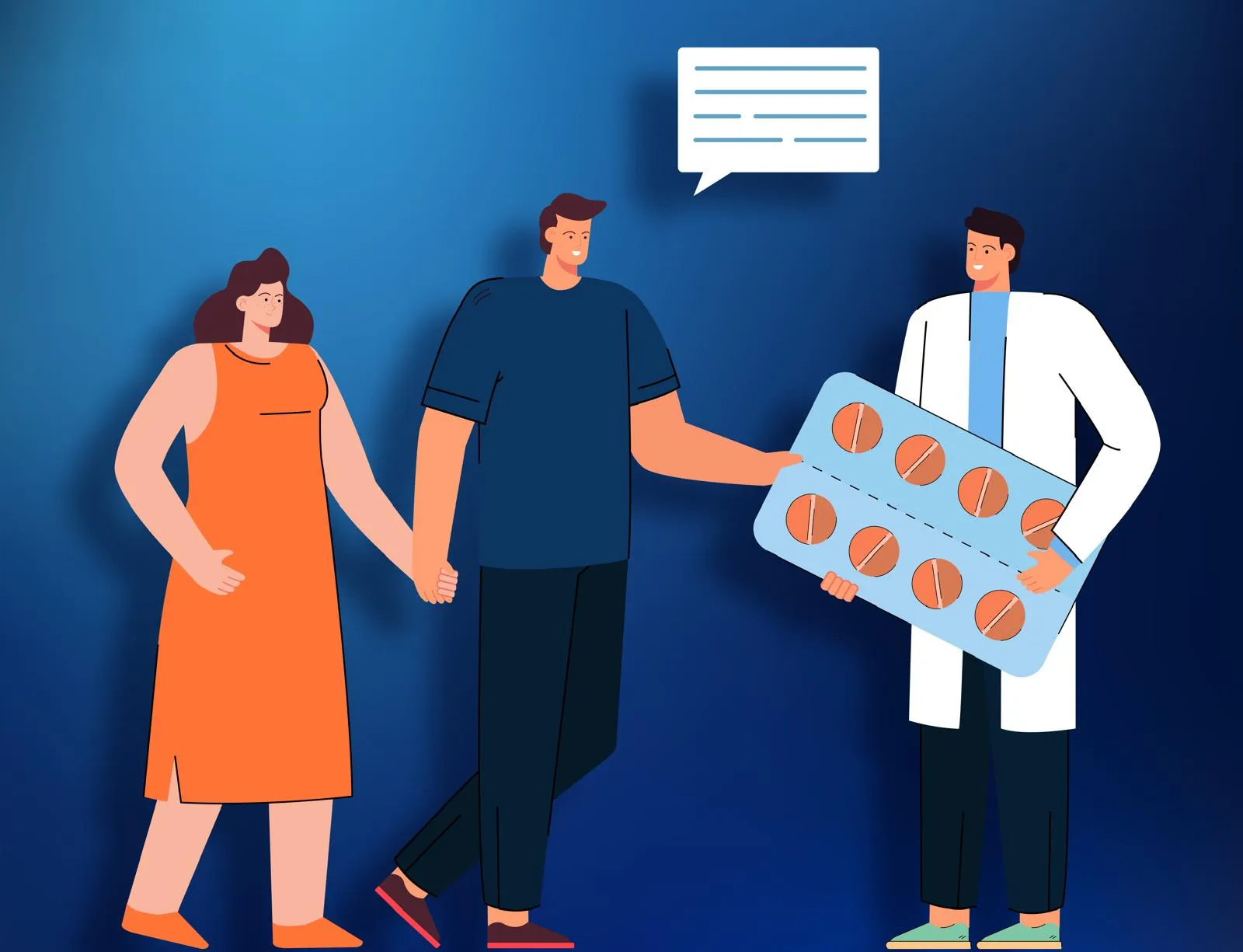 Illustration of a pharmacist handing medication to a patient and caregiver