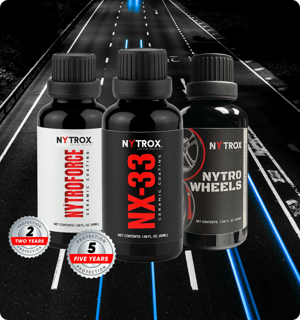 Nytrox Products Lineup of Product Shot 2 year, 5 year and wheels ceramic coating bottles