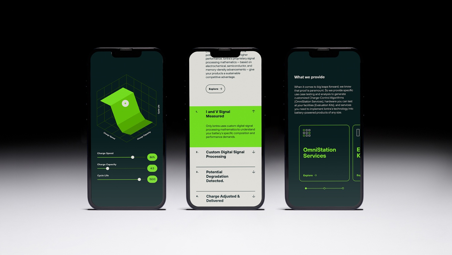 Three smartphones displaying a battery management app with charts, signal processing steps, and service options on a dark gradient background.
