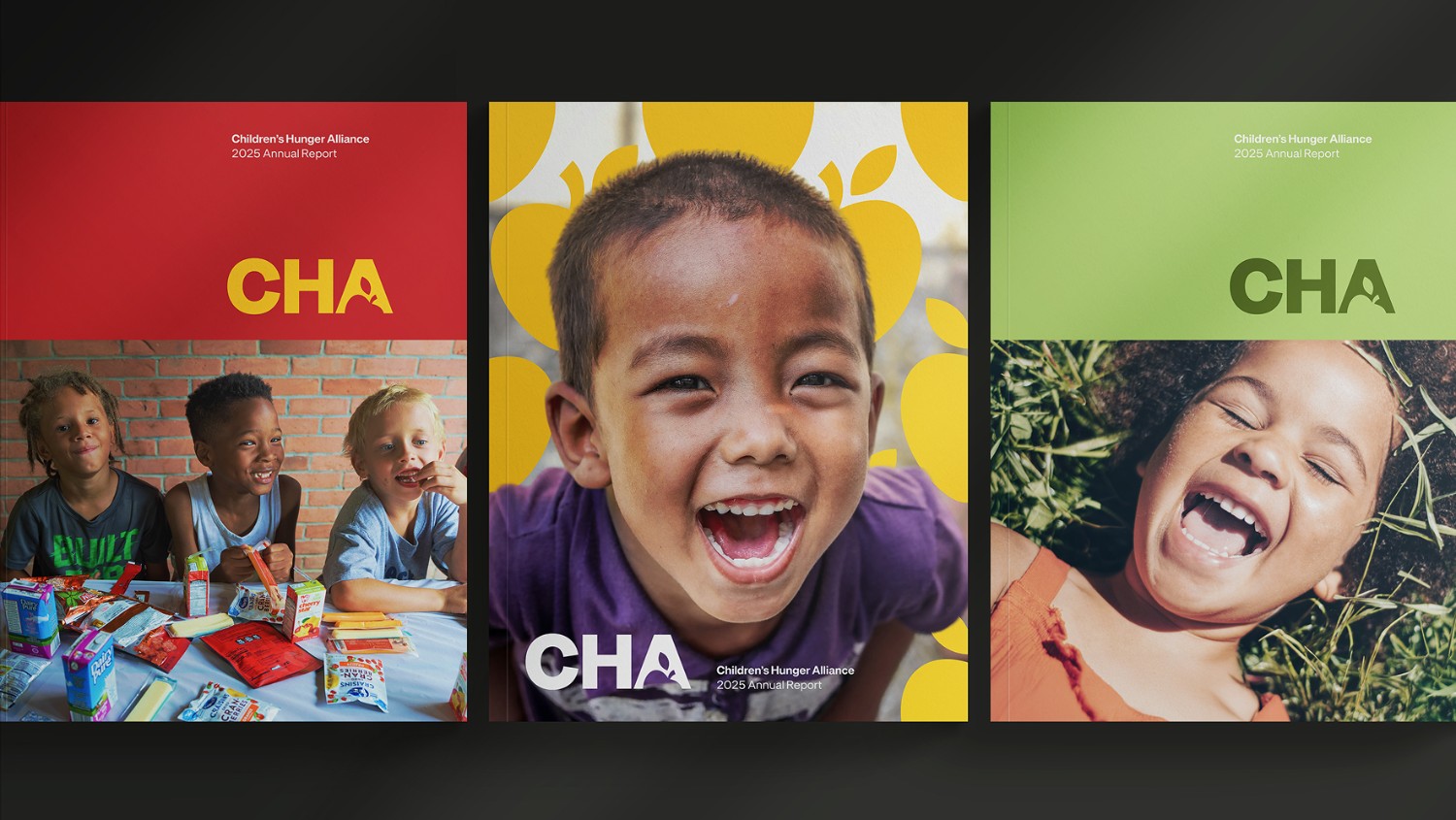 Three covers of the Children’s Hunger Alliance 2025 Annual Report showing diverse children smiling and eating, with colorful backgrounds in red, yellow, and green.